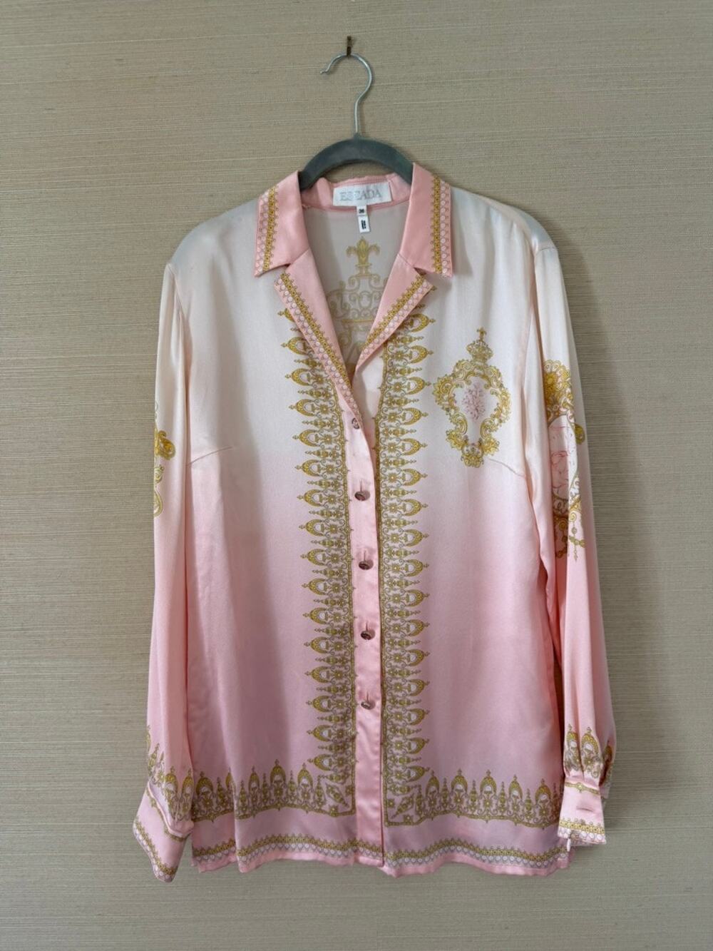 Escada 100% Silk Button-Down Blouse – Pink Baroque Print – Size 36 (US 4-6)